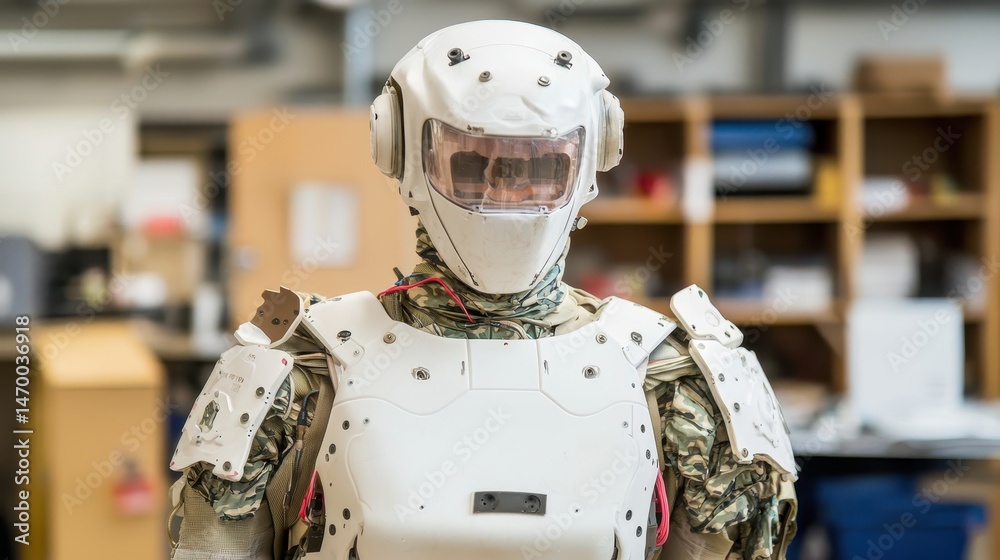 Poster a humanoid robot in a white exoskeleton suit stands in a workshop environment, surrounded by shelves