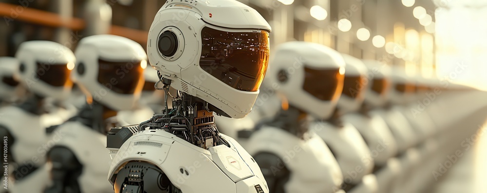 Poster A row of advanced humanoid robots stands in a factory, showcasing futuristic technology and automation.
