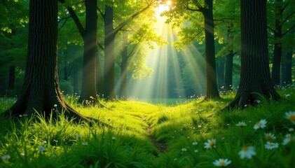 Obraz premium Sun-dappled forest floor with lush green grass , serene, soil