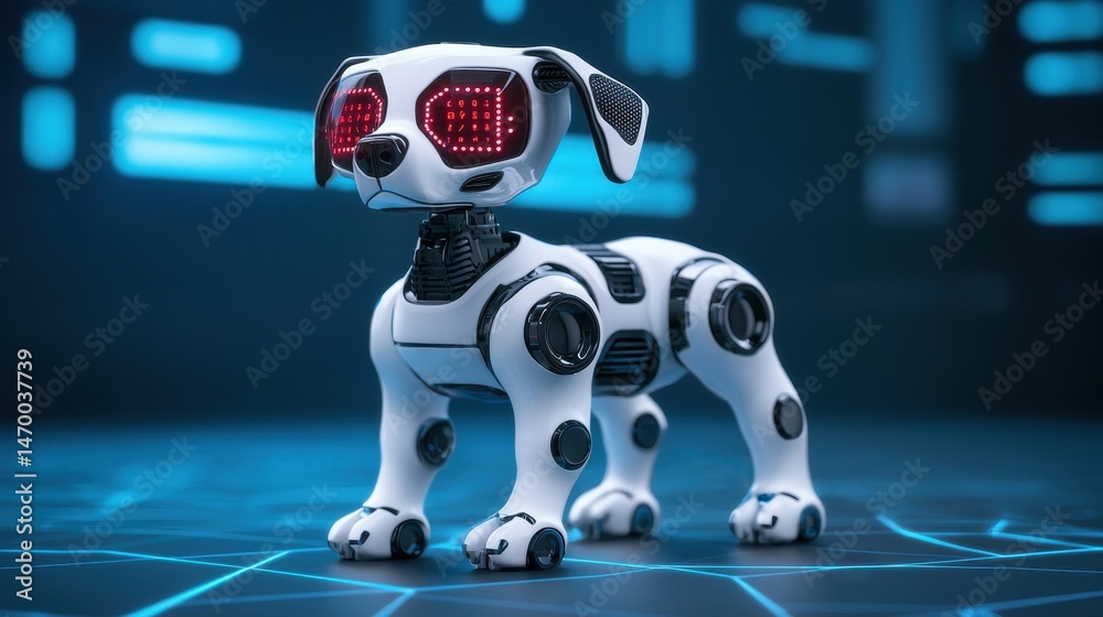 Aufkleber A futuristic robotic dog with glowing red eyes stands on a digital grid in a high-tech environment.