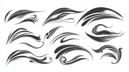 Fototapeta premium Swoosh tails. Swirl sport typography element, isolated curly text pennants. Black retro calligraphy strokes or ornament designs vector set illustration , no logos, no brands