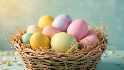 Fototapeta premium Vibrant pastel-colored Easter eggs in a basket Springtime celebration , chick, decoration