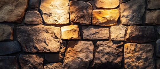 Fototapeta premium Close up view of a sturdy rustic stone wall constructed from roughly hewn rocks showcasing the intricate patterns and weathered surface textures of the natural building material