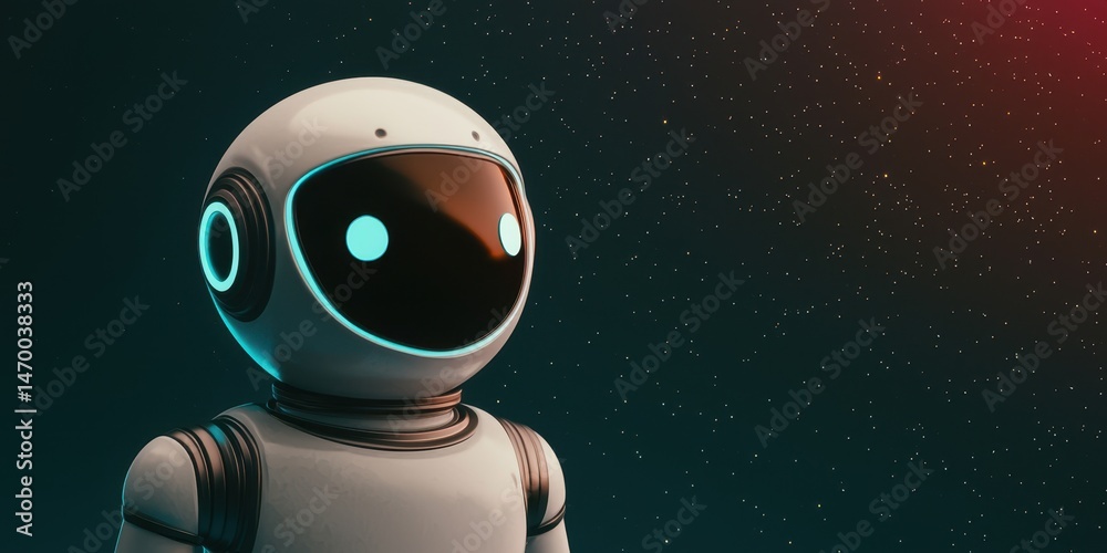 Poster a cute robot stands against a starry background, illuminated with a soft glow and futuristic ambianc