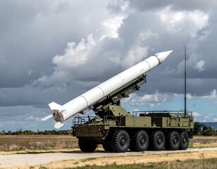 Military Missile Launcher on Wheeled Vehicle Under Cloudy Sky