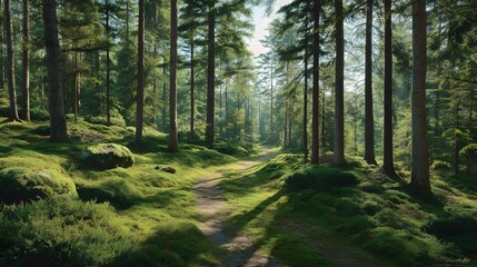 Obraz premium Peaceful forest trail winding through lush green woods in the morning light