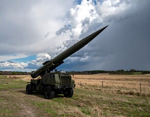 Fototapeta premium Military Missile Launcher in Field Under Dramatic Sky