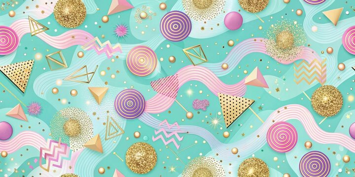 Abstract Pastel and Gold Geometric Pattern Design with Swirls and Glitter