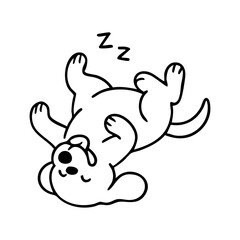 A relaxed dog lying on its back, legs sprawled, tongue hanging out while sleeping peacefully, simple and cute line drawing.