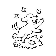 A dog mid-leap toward a crunchy pile of autumn leaves, ears flying and paws up, outlined in joyful, dynamic black lines.