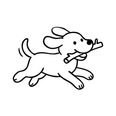 A happy dog dashing forward with a large stick clutched proudly in its mouth, tail high and legs in motion, drawn with playful thin lines.
