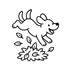 A dog mid-leap toward a crunchy pile of autumn leaves, ears flying and paws up, outlined in joyful, dynamic black lines.