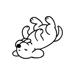 A relaxed dog lying on its back, legs sprawled, tongue hanging out while sleeping peacefully, simple and cute line drawing.