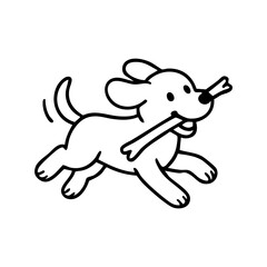 A happy dog dashing forward with a large stick clutched proudly in its mouth, tail high and legs in motion, drawn with playful thin lines.
