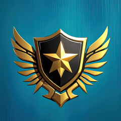 Fototapeta premium Gold Star Shield Emblem with Wings on Blue Background – 3D Luxury Military Symbol