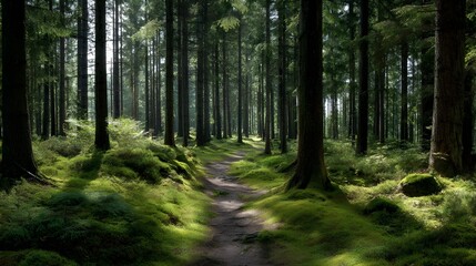Obraz premium Peaceful forest trail winding through lush green woods in the morning light