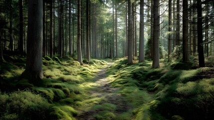 Obraz premium Peaceful forest trail winding through lush green woods in the morning light
