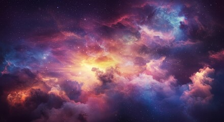Celestial Cloudscape: A Dreamlike Nebula - A vibrant nebula, cosmic wonder, stellar explosion, dreamlike clouds, galactic beauty. Symbolizing creation, imagination, infinity, wonder, and serenity