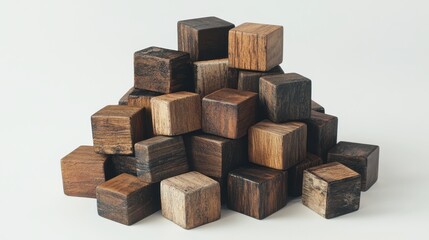 Fototapeta premium A pile of wooden cubes with varying wood tones on a white surface top