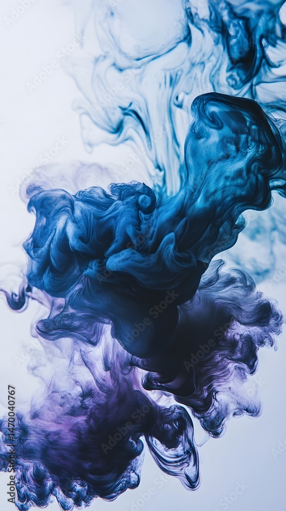 Poster mesmerizing abstract composition with flowing swirling liquid like forms in a palette of deep blues 