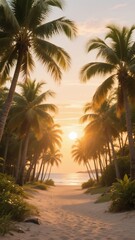 A serene sunset casting golden hues over a tropical beach path lined with swaying palm trees leading to the ocean, creating a picturesque scene of tranquility and relaxation 8K