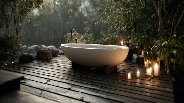 Tranquil outdoor bathing retreat with freestanding tub and enchanting candlelit ambiance - Powered by Adobe