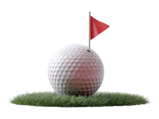 Golf ball on a grassy putting green with a red flag