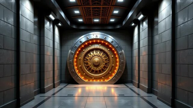 A large, round, secure vault door with glowing lights is set in a modern, metallic hallway.