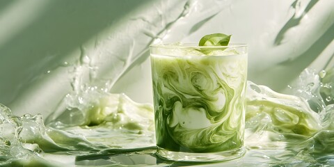 Refreshing Green Beverage with Swirls and Ice Cubes on Background