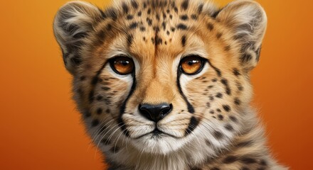 Cheetah Cub Portrait - Close-up portrait of a young cheetah with amber eyes, against an orange background. A beautiful wildlife