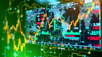 A vibrant digital trading dashboard displays dynamic financial graphs, currency values, and world maps for stock market analysis. - Powered by Adobe