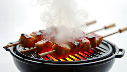 タイトル：「白い焼き鳥：グリルで焼く日本の串焼き」