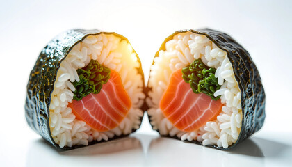 タイトル：「白地におにぎり：具材入りの日本のおにぎり」