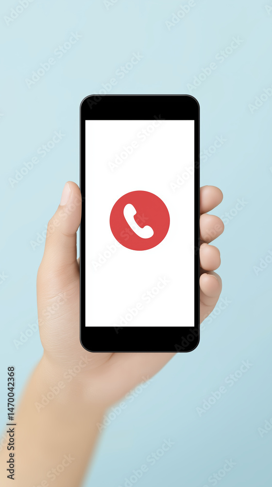 Poster smartphone mock up held in hand displaying a blank screen with a red phone icon, ideal for showcasin