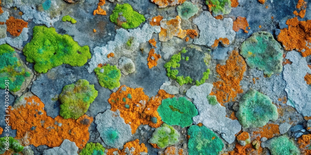 Poster abstract colorful lichen patterns on weathered rock surface, a vivid display of nature's artistic ex