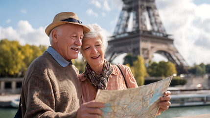 A senior couple looking at a map with the Eiffel Tower in the background