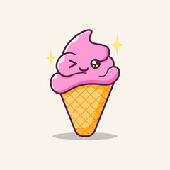 Cute pink ice cream cone with a happy face and a bow. Perfect for kawaii-themed designs, kids' prints, summer graphics, stickers, and fun cartoon illustrations.