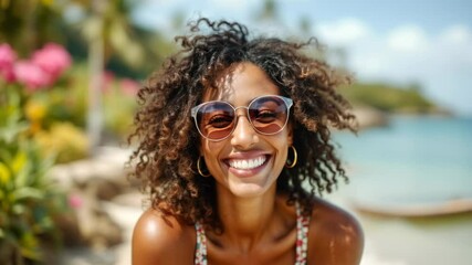 Happy mature woman at the tropical beach or lake, happy tourist solo traveller