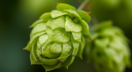 Fototapeta premium Fresh green hop cone macro with water droplets on bracts agriculture