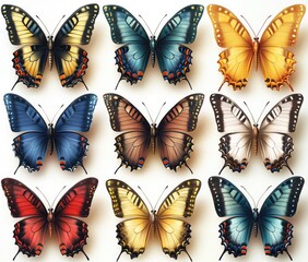 Fototapeta premium A collection of twelve detailed butterfly illustrations. Each butterfly showcases intricate wing patterns in various vibrant colors, with realistic textures and shadows