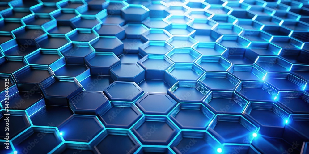 Poster Abstract Hexagonal Grid Pattern with Glowing Blue Accents A Futuristic Technological Background