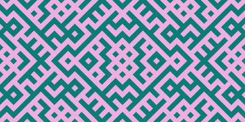 Geometric pattern inspired by circuit boards and digital networks. Abstract vector design with tech lines and modular structures.