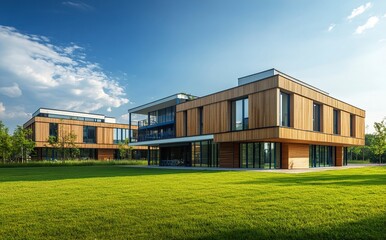 Modern new residential apartment building complex with wooden cladding and blue metal accents in a city landscape, outdoor architecture photography.generative ai