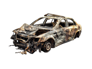 Burnt car wreck abandoned on the roadside