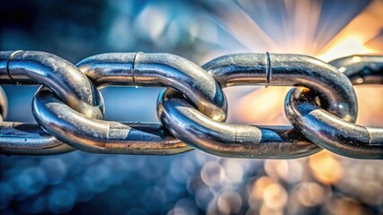 Close-up view of a robust metal chain, showcasing the intricate connection and strength of its links, a symbol of resilience and unity against an out-of-focus background