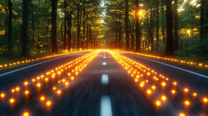 Illuminated Road Through Forest: A captivating shot of a straight, perfectly paved road cuts through a verdant forest, illuminated by a string of radiant, luminous markers.