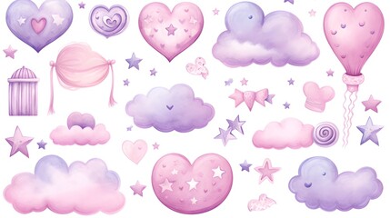 Watercolor Set of Cute Moon, Stars, Heart, Cloud Elements for Designs