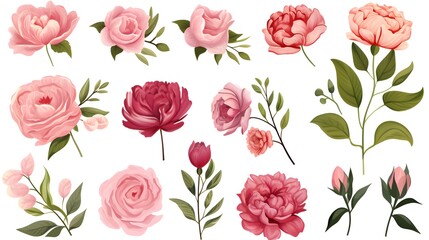 Professional Floral Branch Design with Pink Rose Peonies and Green Leaves for Various Applications