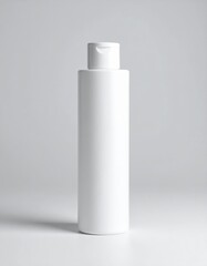 A sleek, white bottle rests on its side, showcasing a smooth, glossy surface. The absence of a lid reveals its open top, inviting curiosity.