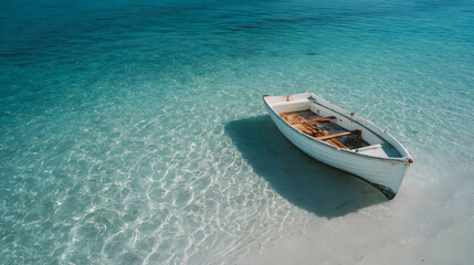 Fototapeta premium Tranquil turquoise waters gently lap against a white rowboat on a sandy tropical shore